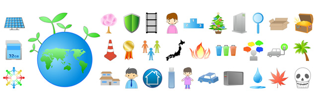 Earth / Solar Power / Natural Environment / Treasure Chest / Grass / Electric Car / Flame / Water Drops / Mobile / Symbol / Relationship / Download Mark / Number / Trash Box / Click / Japan / Map / World / Film / Balloon / Christmas Tree
